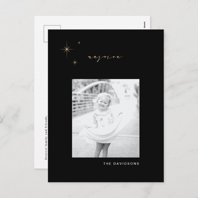 Black & Gold Radiant Rejoice Christmas Postcard (Front/Back)