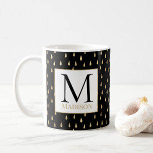 Black Gold Raindrop Modern Trendy Monogram Coffee Mug