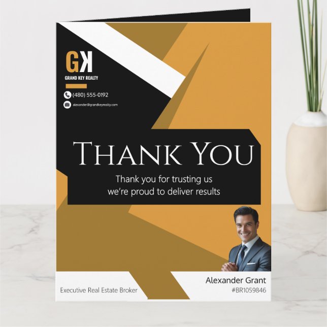 Black & Gold Realtor Design, Real Estate Agent Thank You Card (Front)