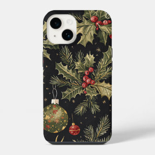 Black Gold Red Christmas Holly Pattern iPhone 14 Case