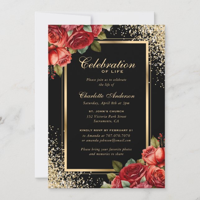 Black Gold Red Roses Photo Celebration of Life Invitation (Front)