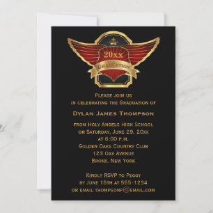 Black Gold Red Winged Crest Photo Graduation Invitation