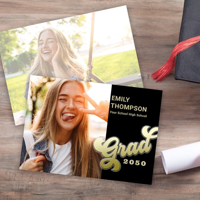 Black Gold Retro Graduation Party Custom Invitation (Graduation Gold "grad" Retro typography script modern black and gold.)