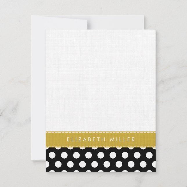 Black & Gold Ribbon Polka Dots Monogram Note Card (Front)