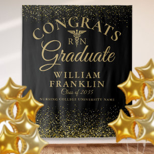 Black Gold RN Nursing Graduation Photo Backdrop Tapestry