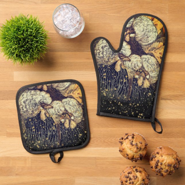 Black Gold Roosters Rustic Pattern Oven Mitt & Pot Holder Set (Top Down)