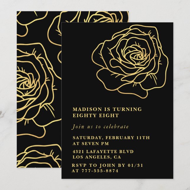 Black Gold Rose 88th birthday invitations  (Front/Back)