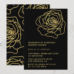 Black Gold Rose 88th birthday invitations 