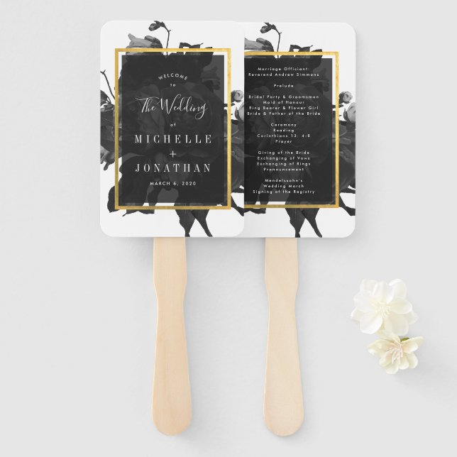 Black Gold Rose Bouquet Wedding Hand Fan (Front and Back)