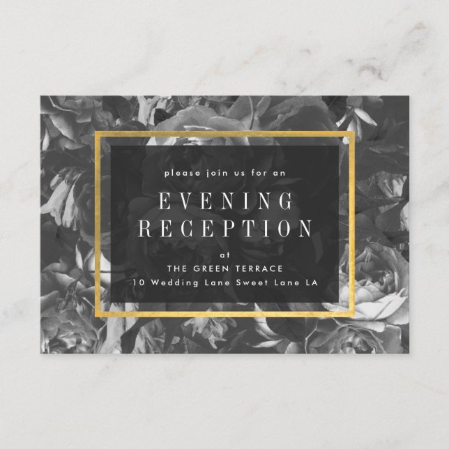 Black Gold Rose Bouquet Wedding Reception Card (Front)