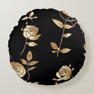 Black & Gold Rose Floral Pattern Round Pillow