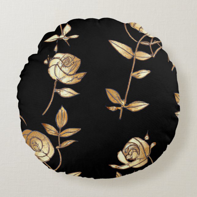 Black & Gold Rose Floral Pattern Round Pillow (Front)