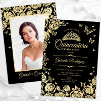Black Gold Roses Butterflies Quinceanera Photo