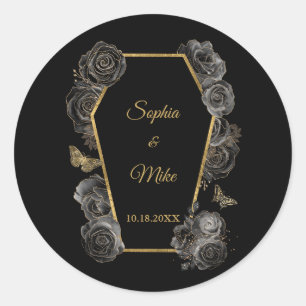 Black & Gold Roses Coffin Gothic Elegant Wedding Classic Round Sticker