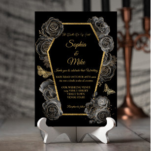 Black & Gold Roses Coffin Gothic Elegant Wedding  Invitation
