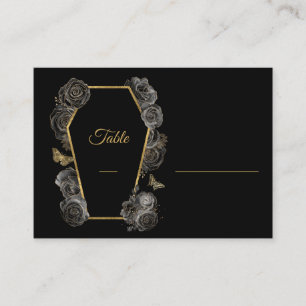 Black & Gold Roses Coffin Gothic Wedding Flat Place Card