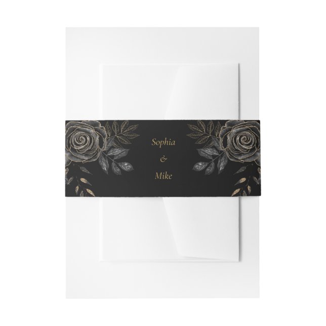 Black & Gold Roses Coffin Gothic Wedding Invitation Belly Band (Front Example)