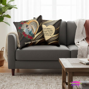 Black & Gold Roses, Gold Heart Photo Frame Throw Pillow