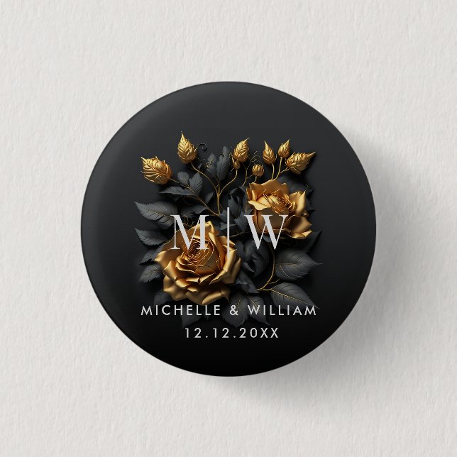 Black Gold Roses Gothic Monogram Wedding  1 Inch Round Button (Front)