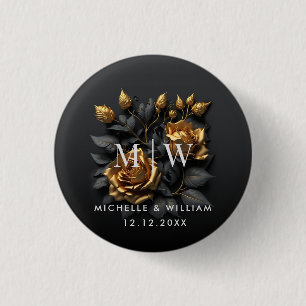 Black Gold Roses Gothic Monogram Wedding  1 Inch Round Button