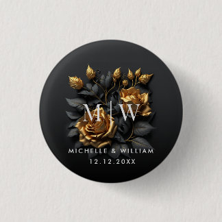 Black Gold Roses Gothic Monogram Wedding 1 Inch Round Button