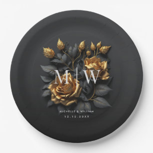 Black Gold Roses Gothic Monogram Wedding  Paper Plate