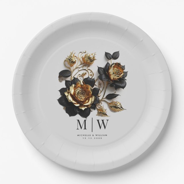 Black Gold Roses Gothic Wedding Paper Plate (Front)