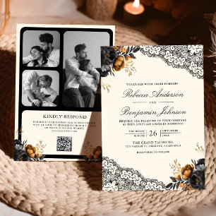 Black Gold Roses Lace Cream Gothic QR Code Wedding Invitation