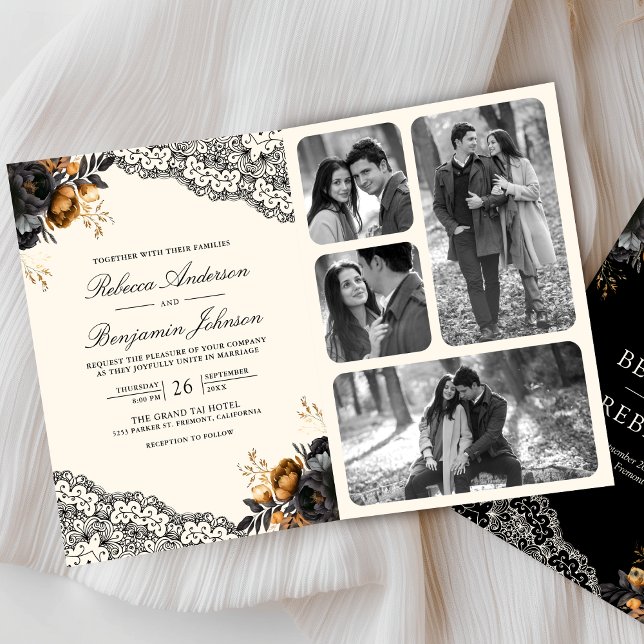 Black Gold Roses Lace Cream Gothic QR Code Wedding Invitation (Creator Uploaded)