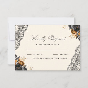 Black Gold Roses Lace Cream Gothic Wedding RSVP Card