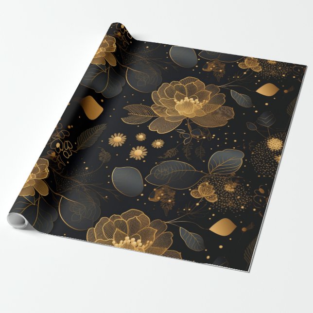 Black & gold roses pattern christmas wrapping paper (Unrolled)