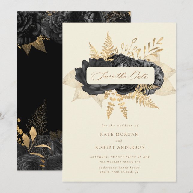 black gold roses save the date invitation (Front/Back)