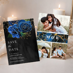 Black Gold Royal Blue Floral Photo Collage Wedding Save The Date
