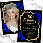 Black Gold Royal Blue Photo 50th Birthday Invitation<br><div class="desc">Elegant floral 50th birthday invitation with your photo at the back of the card. Glam black and royal blue design with faux glitter gold. Features sapphire blue roses, script font and confetti. Perfect for a stylish adult bday celebration party. Personalise with your own details. Can be customised for any age!...</div>