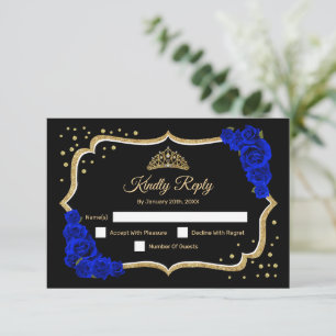 Black Gold Royal Blue Quinceanera RSVP Card