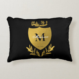 Black & Gold Royal Emblem Shield Monogram  Accent Pillow