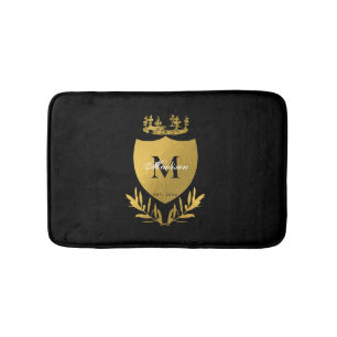 Black & Gold Royal Emblem Shield Monogram Bath Mat