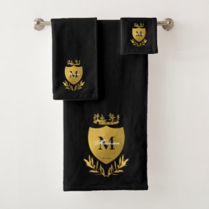 Black & Gold Royal Emblem Shield Monogram Bath Towel Set