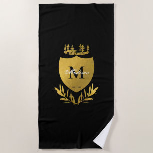 Black & Gold Royal Emblem Shield Monogram Beach Towel