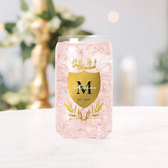 Black & Gold Royal Emblem Shield Monogram  Can Glass (Insitu (Wedding))