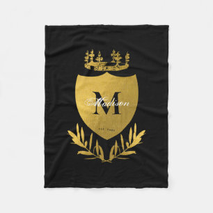 Black & Gold Royal Emblem Shield Monogram Fleece Blanket