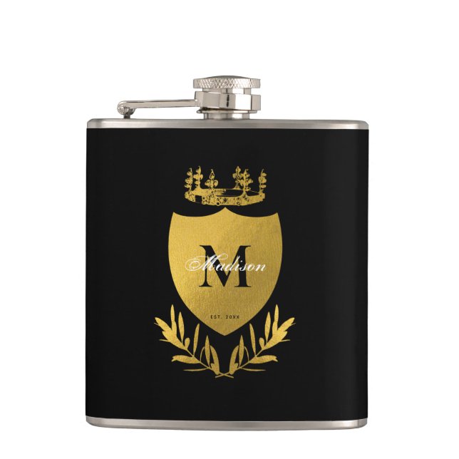Black & Gold Royal Emblem Shield Monogram  Hip Flask (Front)