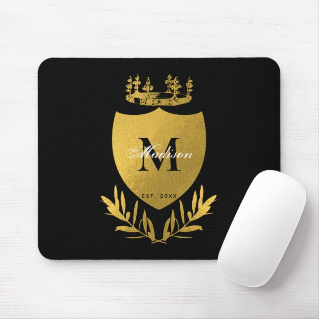 Black & Gold Royal Emblem Shield Monogram   Mouse Pad (With Mouse)