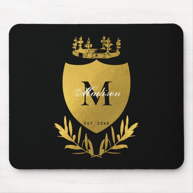 Black & Gold Royal Emblem Shield Monogram   Mouse Pad (Front)