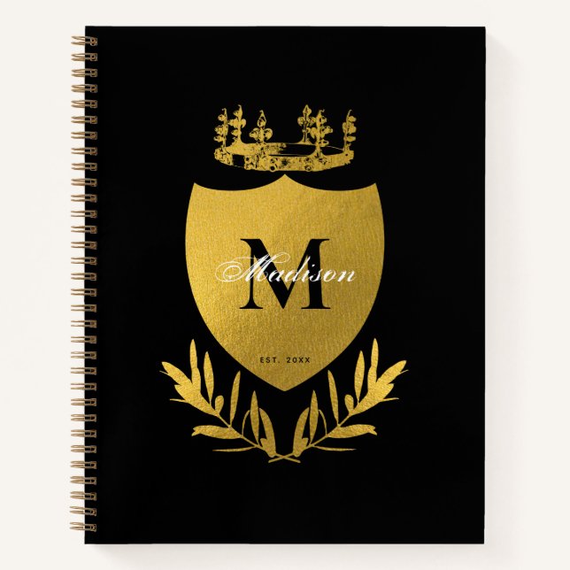 Black & Gold Royal Emblem Shield Monogram Notebook (Front)