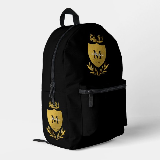 Black & Gold Royal Emblem Shield Monogram  Printed Backpack (Back Corner Left)
