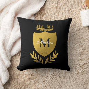 Black & Gold Royal Emblem Shield Monogram Throw Pillow