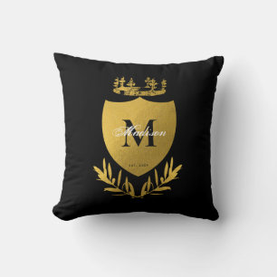 Black & Gold Royal Emblem Shield Monogram  Throw Pillow