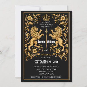 Black Gold Royal Lion Medieval Wedding Invitation