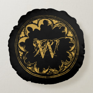 Black & Gold Rustic Vintage Distressed Monogram  Round Pillow